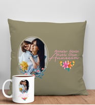 BK Gift Kişiye Özel Fotoğraflı Anneler Günü Tasarımlı Haki Kırlent Yastık ve Kupa Seti, Anneye Hediye, Ev Dekorasyonu, Anneler Günü Hediyesi-1