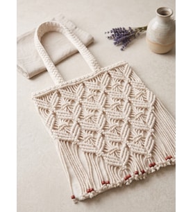 Boho Stil Otantik Makrome Omuz Çantası - Ahşap Boncuklu & Püsküllü Hediyelik Kadın Bez Çanta (35x40 cm)