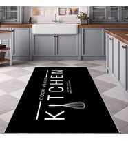 Siyah Kithen Yazılı Yıkanabilir Kaymaz Taban Leke Tutmaz Modern Salon Halısı ve Yolluk (Beyaz)