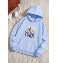 New York Baskılı Oversize Sweatshirt (Bebek Mavisi)