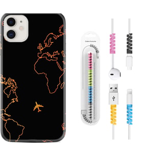 Apple iPhone 11 12 13 Mini Kılıf Kablo Koruma Spiral Silikon Harita ve Uçak 1777