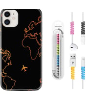 Apple iPhone 11 12 13 Mini Kılıf Kablo Koruma Spiral Silikon Harita ve Uçak 1777