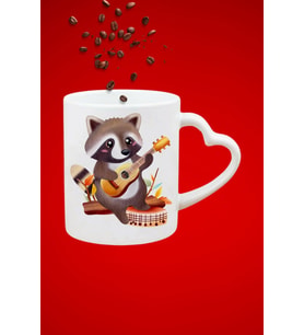 Gitar Çalan Rakun Cute Raccon Baskılı Hediye Kalp Kupa Bardak Porselen Çay Kahve Fincanı