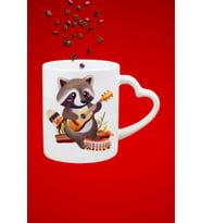 Gitar Çalan Rakun Cute Raccon Baskılı Hediye Kalp Kupa Bardak Porselen Çay Kahve Fincanı