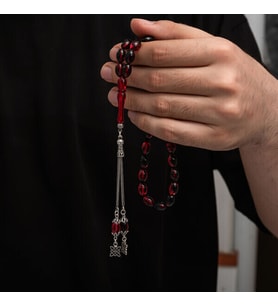 Sıkma Kehribar 925 Ayar Gümüş Tesbih (Bej)