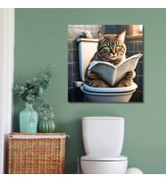 Tekli Kare Kanvas Banyo Tablosu Gazete Okuyan Yeşil Gözlü Kedi