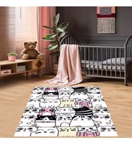 Kedi Desenli Halı Kedili Halı Dijital Baskı Yıkanabilir Kaymaz Taban Çocuk Odası Halısı (Beyaz)