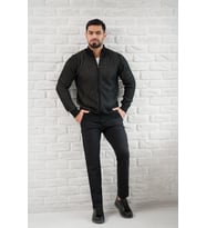 San&Fa Dik Yaka Çizgili Fermuarlı Regular Fit Yünlü Triko Hırka (Siyah)