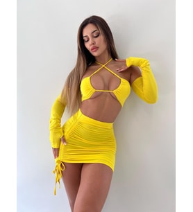 Sarı Askısız Yüksek Bel Mini Etekli İkili Takım