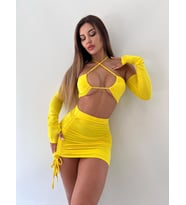 Sarı Askısız Yüksek Bel Mini Etekli İkili Takım