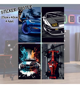 4 adet spor araba posteri - 4 adet yapışkanlı poster sticker etiketler - dolap cam oda için