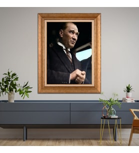 Altın Varaklı Çerçeveli Paspartulu Atatürk Tablo z4499 (Gold)
