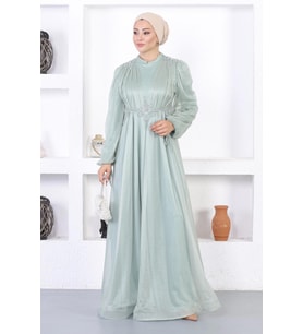 İncili Dantelli Simli Abiye Mint 12252