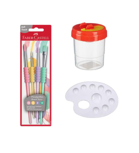 Fırça Seti 4 lü Pastel Renkli Fırça Temizleme Kabı ve Resim Paleti 1 Adet Faber Castell Fırça Takımı ve Resim Paleti Su Kabı (Karışık)