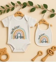 Pia Baby Premium %100 Pamuk İsme Özel Organik Baskılı Çıtçıtlı Bebek Body Ve Önlük 5074-20 (Ekru)
