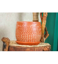 BİTKİ TASARIMI EV DEKORASYON  BEYAZ NOKTA DESENLİ DOĞAL TABAKLI TERRACOTA TOPRAK SAKSI SAKSILIK SALON ÇİÇEKLİK 19 CM