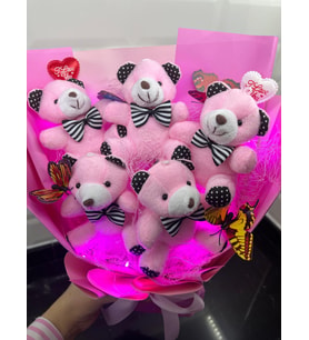 LED IŞIKLI PEMBE PELUŞ AYICIK BUKET KELEBEKLİ AYICIK BUKETİ (Pudra Pembe)