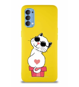 Oppo Reno 4 Soft Premier Kapak Coolcat Tasarımlı Silikon Kılıf - Sarı (Şeffaf)