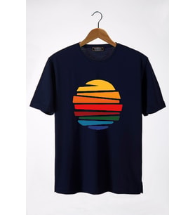 Erkek Lacivert Güneş Baskılı Bisiklet Yaka Oversize T-Shirt 22Y-3400762-1