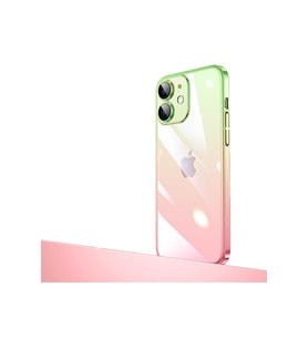Apple iPhone 12 Uyumlu Kılıf Parlak Renk Geçişli Kamera Korumalı Zore Senkron Kapak (Açık Pembe - Yeşil)