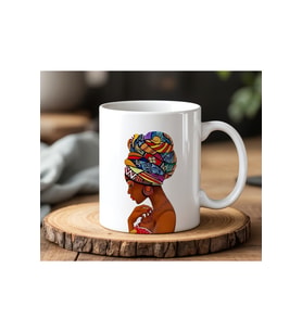 Afro Kadın Tasarımlı Beyaz Seramik Baskılı Kupa Bardak 330ml