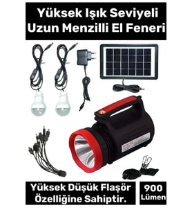Premium Beyaz Aydınlatmalı Telefon Şarj Edilen Solar Güneş Enerji Fener Işıldak 2 Florasan Led Ampül