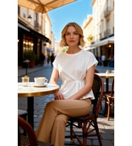 Kadın T Shirt Kayık Yaka Kısa Kol Relaxed Rahat Kalıp Büzgülü Düz Desen Örme Yumuşak