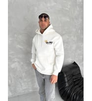 Erkek Kapüşonlu Kanguru Cepli Sweatshirt 3 İplik Pamuklu Baskılı Hoodie - Beyaz