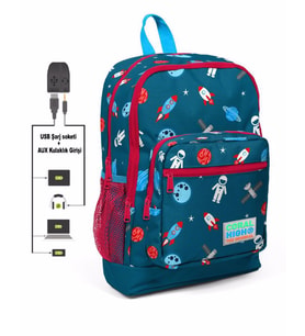 Coral High Kids Dört Gözlü Erkek Çocuk İlkokul Çantası - Astronot Baskılı - USB+AUX Soketli