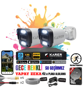 EXİTCAM 2 KAMERALI-RENKLİ GÖRÜŞ-SU GEÇİRMEZ-YÜZ ve ARAÇ TANIMALI-YAPAY ZEKA AYRICALIKLI GÜVENLİK SETİ (Beyaz)