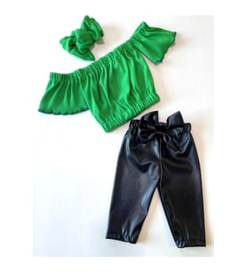 Kız Çocuk, Likralı Deri Fiyonk Detaylı Pantolon, Yeşil Straplez Crop Bluz Ve Saç Bandı Takımı.