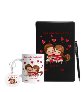Sevgililer Gününe Özel Ahşap Defter Kalem Kupa & Süblimasyon Anahtarlık Hediye Seti 14