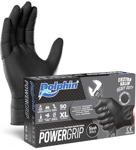 Dolphin Nitril PowerGrip Ekstra Kalın Elmas Dokulu Eldiven Siyah XL Büyük Boy - 50'li Paket