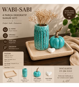 4 Parça El Yapımı Wabi-Sabi Dekoratif Sunum Seti  Kırılmaz Tepsi, Vazo ve Dekor Obje Takımı