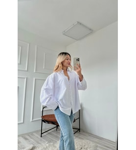 Kadın Taş Detaylı Poplin Gömlek Beyaz