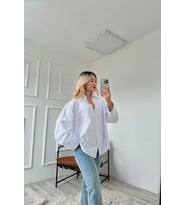 Kadın Taş Detaylı Poplin Gömlek Beyaz