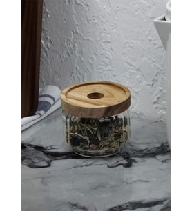 Timber Cam Kavanoz - Çizgili Saklama Kavanozu - Ahşap Kapaklı, 300 ML (Şeffaf)