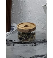 Timber Cam Kavanoz - Çizgili Saklama Kavanozu - Ahşap Kapaklı, 300 ML (Şeffaf)