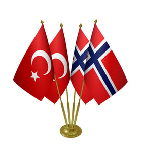 Masa Üstü Norveç Bayrağı Türk Bayrağı Dörtlü Pirinç Direk Masa Bayrak Seti