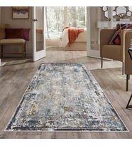 Gri Eskitme Desenli  Yıkanabilir Kaymaz Taban Leke Tutmaz Modern Salon Halısı ve Yolluk (Mavi-Gri)