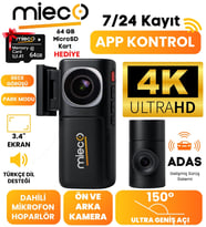 Mieco A7 4K UHD /  Wifi / ADAS / 150° Ultra Geniş Açı / Gece Görüşü /  Ön + Arka Araç Kamerası (2025) + Hafıza Kartı Hediyeli