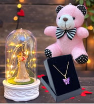 Tasarım Kelebek Kolye, Peluş Anahtarlık ve Led Işıklı Fanus Hediye Seti (Model 7)