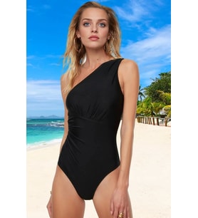 Drape Tek Omuz Mayo Havuz Mayosu Yaz Koleksiyonu Hızlı Kuruyan Esnek Kumaş Swimsuit (Siyah)