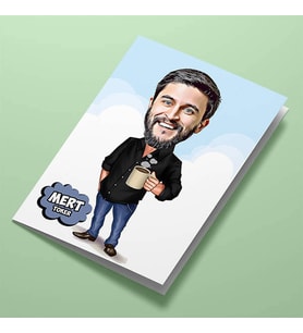Kişiye Özel Kahve İçen Erkek Karikatürlü Tebrik Kartı