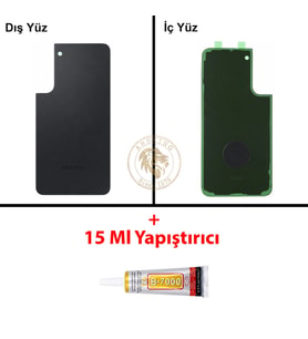 Samsung Galaxy S22 Plus Siyah Renk Arka Kapak + B7000 Yapıştırıcı Arka Cam Batarya Kapağı Pil Kapağı Lazer Kesim Back Cover Galaxy S22 Plus Uyumlu