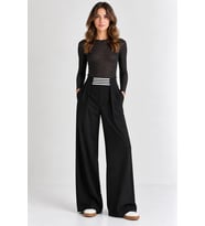 Kadın Beli Lastikli Rahat Kesim Çizgili Pileli Geniş Paça Pantolon - Acı Kahve