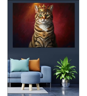 Altın Taçlı Kral Kedi Portresi Dekoratif Kanvas - Mdf Ahşap Tablo