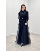 İthal Organze Krep Kumaş Abiye Elbise - SİYAH