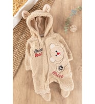Ayıcık Figürlü Kapüşonlu Kışlık Welsoft Bebek Tulum (Bej)
