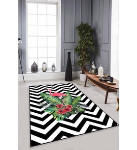 Siyah Beyaz Flamingolu Kaymaz Tabanlı Dekoratif Halı RV345 - 100 x 160 cm